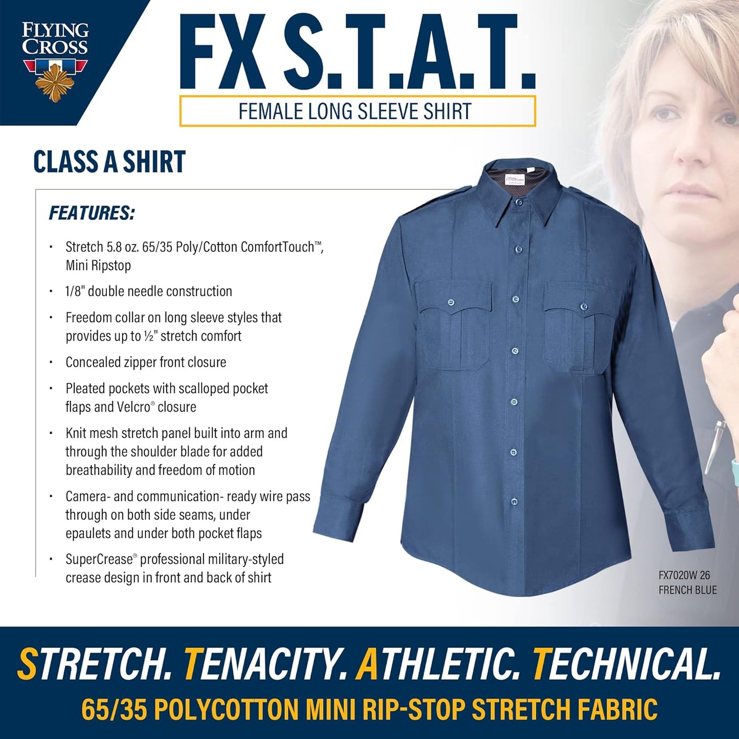Flying Cross Women's FX STAT Law Enforcement Shirts, Police Uniform, Sheriff, Fire Department, Paramedic, Class a Long Sleeve